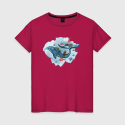 Большой кит в окружении рыб – Женская футболка хлопок с принтом купить