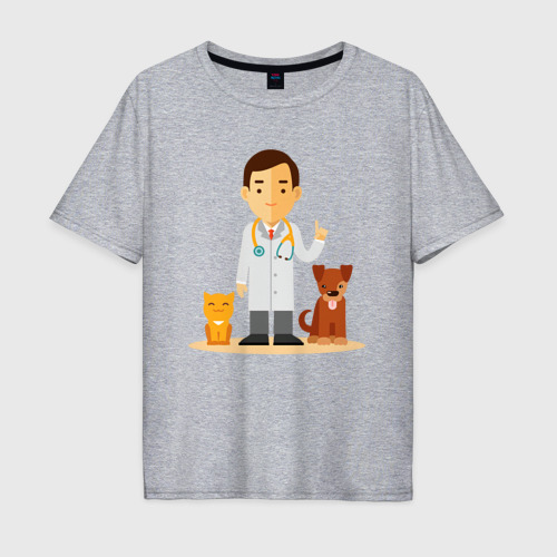 Мужская футболка хлопок Oversize Ветеринар заботится о животных - котик и пёсик, цвет меланж