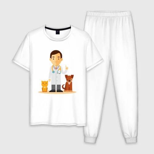 Мужская пижама из хлопка с принтом Ветеринар заботится о животных - котик и пёсик, вид спереди №1