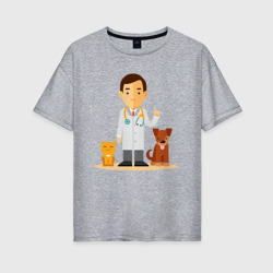 Женская футболка хлопок Oversize Ветеринар заботится о животных - котик и пёсик