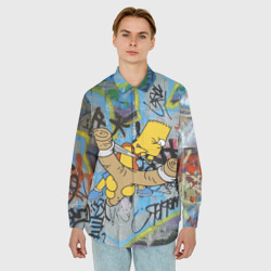 Мужская рубашка oversize 3D Целящийся из рогатки Барт Симпсон на фоне граффити - фото 2