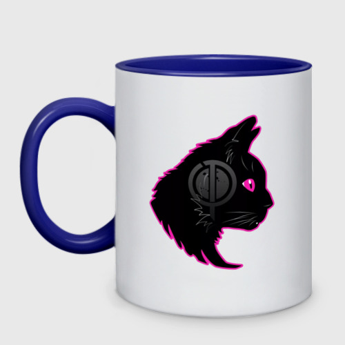 Кружка двухцветная с принтом Черный кот в наушниках, вид спереди #2