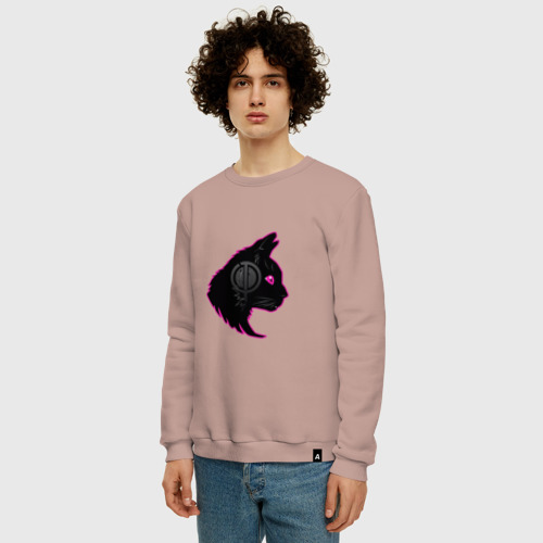 Мужской свитшот хлопок с принтом Черный кот в наушниках, фото на моделе #1