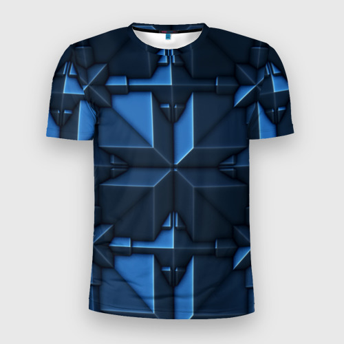 Мужская футболка 3D Slim с принтом Синяя объёмная броня киборга, вид спереди #2