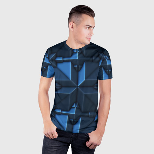 Мужская футболка 3D Slim с принтом Синяя объёмная броня киборга, фото на моделе #1