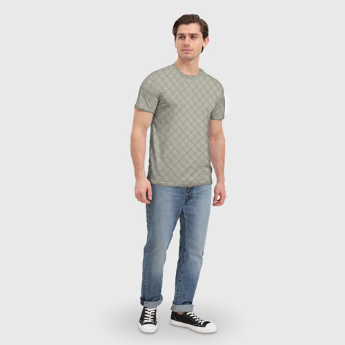 Мужская футболка 3D с принтом Серо-бежевая клетка с тонкой черной полосой, вид сбоку #3
