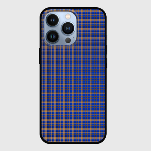 Чехол для iPhone 13 Pro с принтом Синий с горчичным в клетку, вид спереди #2