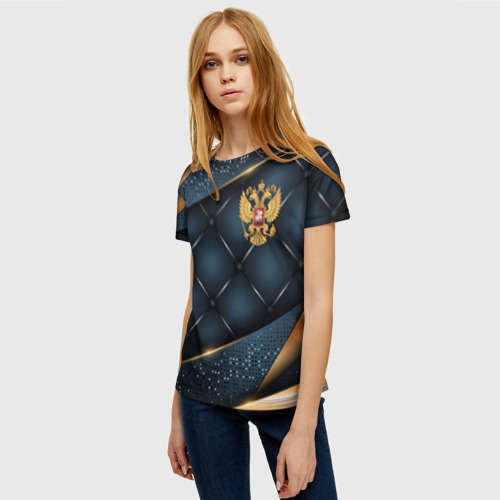 Женская футболка 3D с принтом Золотой герб России на объемном фоне, фото на моделе #1