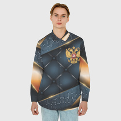 Мужская рубашка oversize 3D Золотой герб России на объемном фоне - фото 2