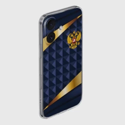 Чехол для iPhone 16 силиконовый с защитой камеры Золотой герб России на объемном синим фоне - фото 2