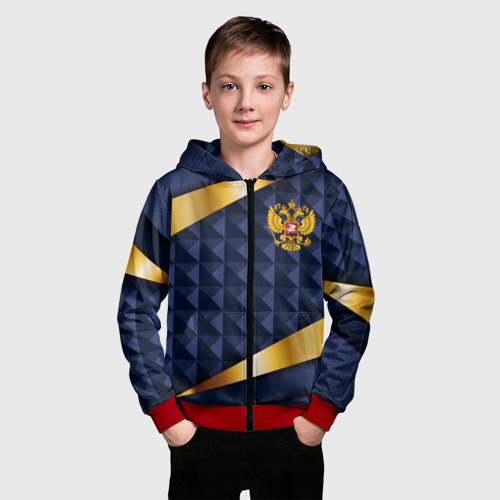 Детская толстовка 3D на молнии с принтом Золотой герб России на объемном синим фоне, фото на моделе #1