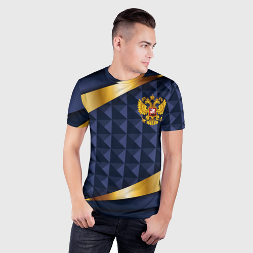 Мужская футболка 3D Slim с принтом Золотой герб России на объемном синим фоне, фото на моделе #1