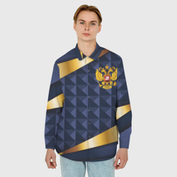 Мужская рубашка oversize 3D Золотой герб России на объемном синим фоне - фото 2