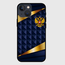 Чехол для iPhone 13 mini Золотой герб России на объемном синим фоне