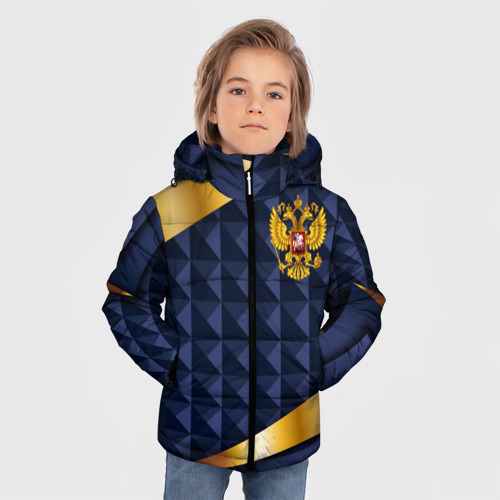 Зимняя куртка для мальчиков 3D Золотой герб России на объемном синим фоне, цвет черный - фото 3