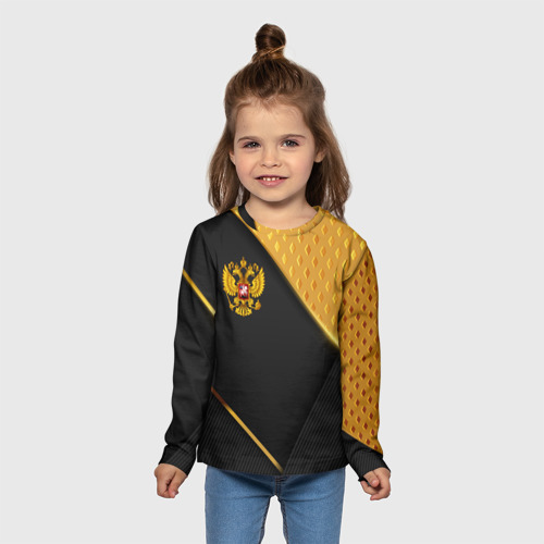 Детский лонгслив 3D с принтом Герб России на черном фоне с золотыми вставками, вид сбоку #3