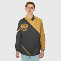 Мужская рубашка oversize 3D Герб России на черном фоне с золотыми вставками - фото 2