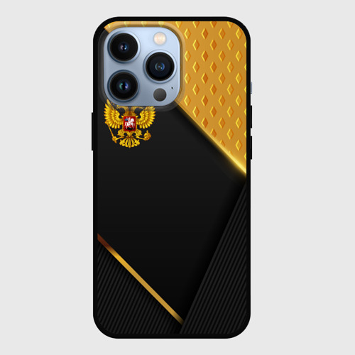 Чехол для iPhone 13 Pro с принтом Герб России на черном фоне с золотыми вставками, вид спереди #2