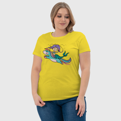 Женская футболка хлопок Единорог и русалка, цвет желтый - фото 6