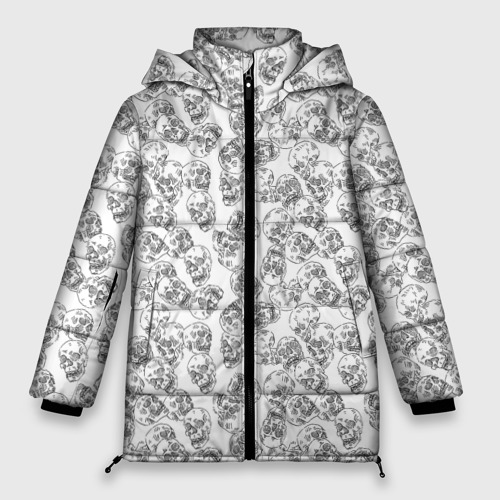 Женская зимняя куртка оверсайз с принтом Череп штрихованный, вид спереди №1