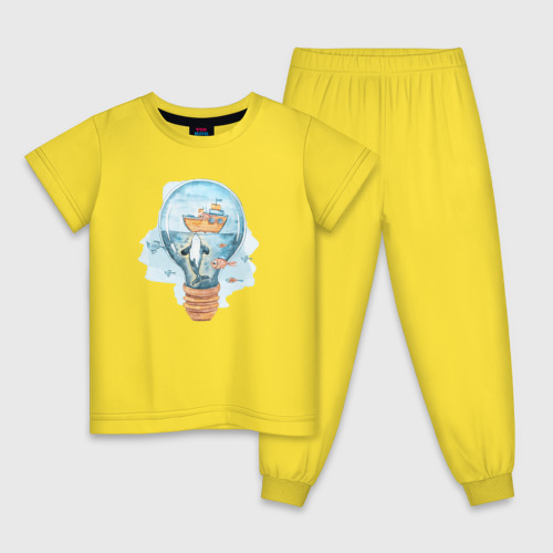 Детская пижама хлопок Кит с рыбками в лампочке, цвет желтый