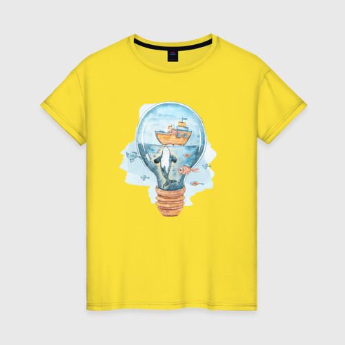 Женская футболка хлопок Кит с рыбками в лампочке, цвет желтый