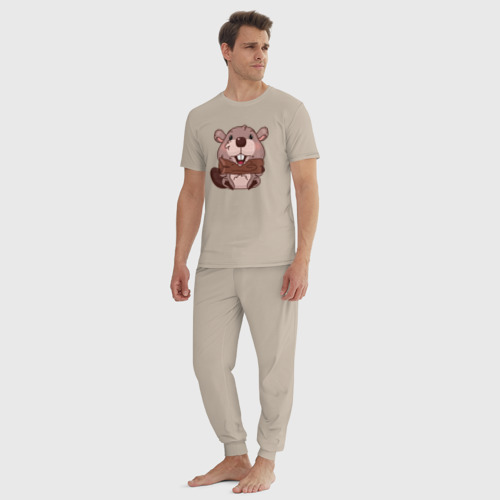 Мужская пижама хлопок Бобер с бревном, цвет миндальный - фото 5