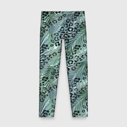 Детские леггинсы 3D Листья пальмы на леопардовом серо - зеленом фоне