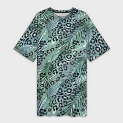 Платье-футболка 3D Листья пальмы на леопардовом серо - зеленом фоне