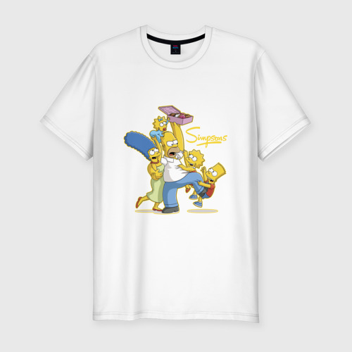 Мужская футболка хлопок Slim с принтом Симпсоны и пончики, вид спереди #2