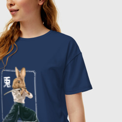 Женская футболка хлопок Oversize Японский кролик самурай с катаной - фото 2