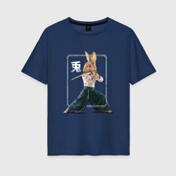 Женская футболка хлопок Oversize Японский кролик самурай с катаной