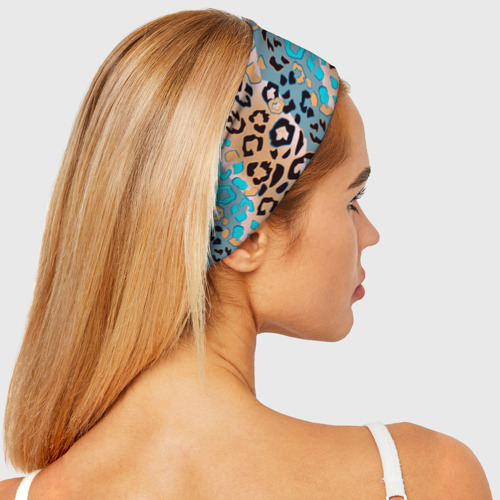 Повязка на голову 3D Леопардовый узор на синих и бежевых диагональных полосах - фото 4
