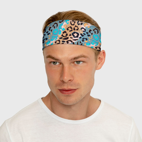 Повязка на голову 3D Леопардовый узор на синих и бежевых диагональных полосах - фото 5