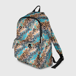 Леопардовый узор на синих и бежевых диагональных полосах – Рюкзак 3D с принтом купить