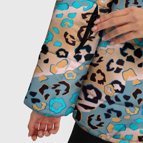 Женская зимняя куртка 3D с принтом Леопардовый узор на синих и бежевых диагональных полосах, фото #4