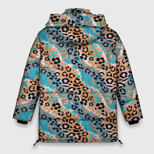 Женская зимняя куртка 3D с принтом Леопардовый узор на синих и бежевых диагональных полосах, вид сзади #1