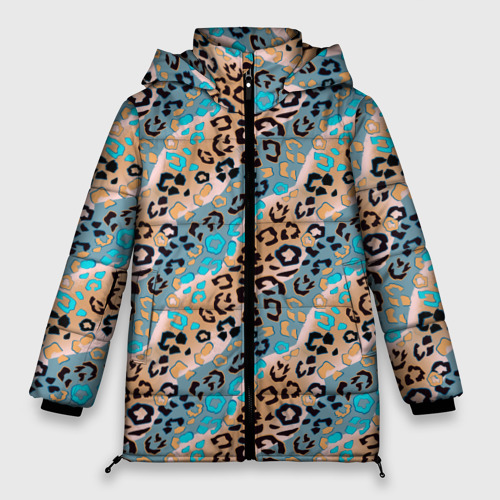Женская зимняя куртка 3D с принтом Леопардовый узор на синих и бежевых диагональных полосах, вид спереди #2