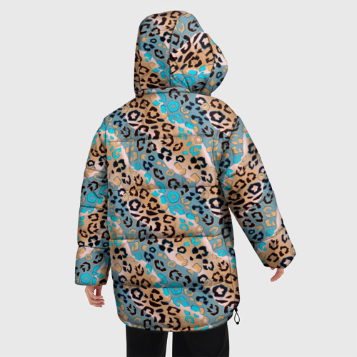 Женская зимняя куртка 3D с принтом Леопардовый узор на синих и бежевых диагональных полосах, вид сзади #2