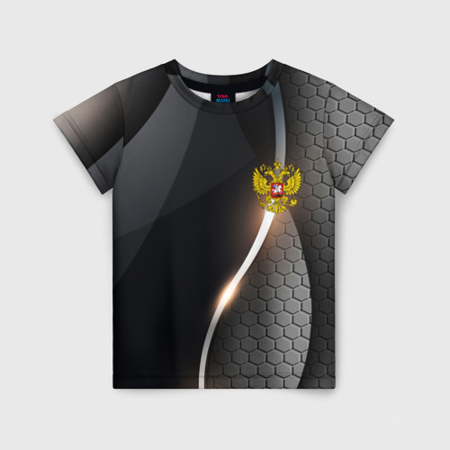 Детская футболка с принтом Герб РФ киберпанк, вид спереди №1