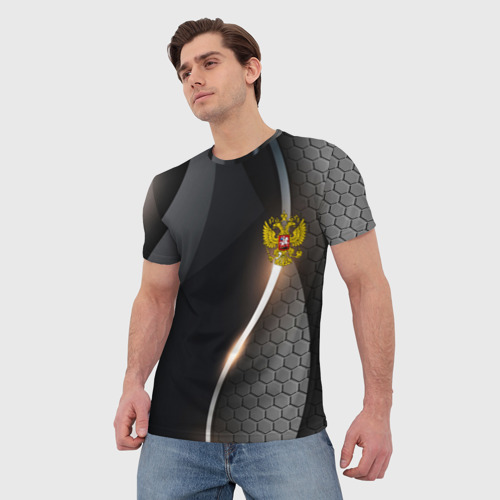 Мужская футболка 3D с принтом Герб РФ киберпанк, фото на моделе #1