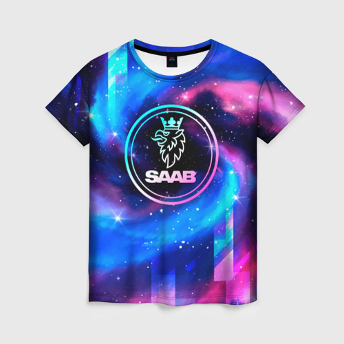 Женская футболка 3D с принтом Saab неоновый космос, вид спереди #2