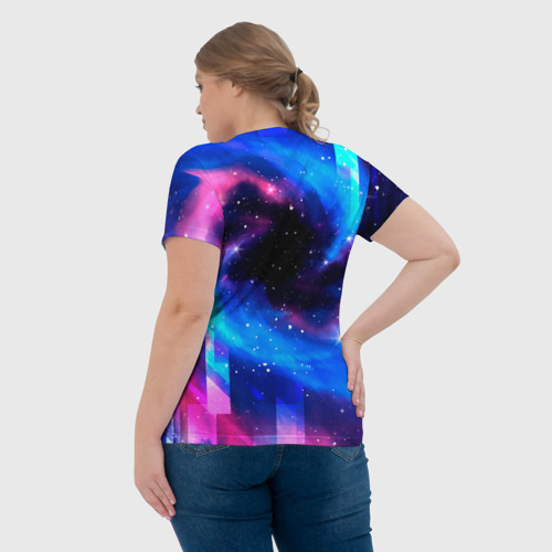 Женская футболка 3D с принтом Saab неоновый космос, вид сзади #2