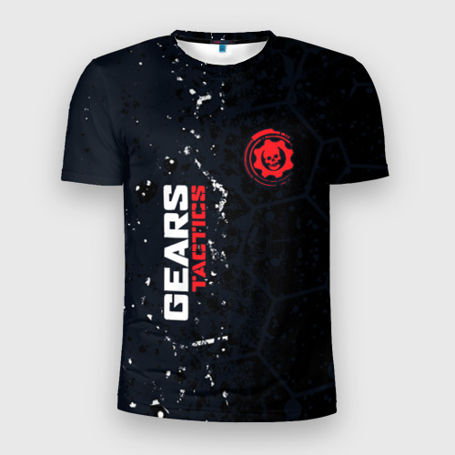 Мужская футболка 3D Slim с принтом Gears of War красно-белой лого на темном фоне, вид спереди #2