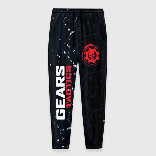 Мужские брюки 3D с принтом Gears of War красно-белой лого на темном фоне, вид спереди #2
