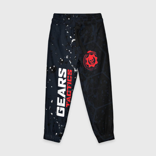 Детские брюки 3D с принтом Gears of War красно-белой лого на темном фоне, вид спереди #2