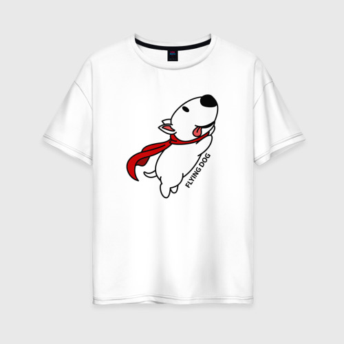 Женская футболка оверсайз из хлопка с принтом Летящая собака бультерьер, вид спереди №1