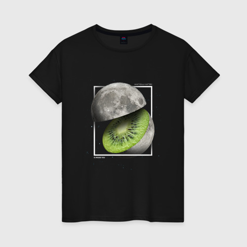 Женская футболка хлопок Луна фрукт киви в разрезе, цвет черный