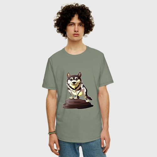 Мужская футболка хлопок Oversize с принтом Пес стоит на камне, фото на моделе #1