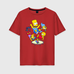 Женская футболка хлопок Oversize Персонажи из мультфильма Симпсоны на батуте